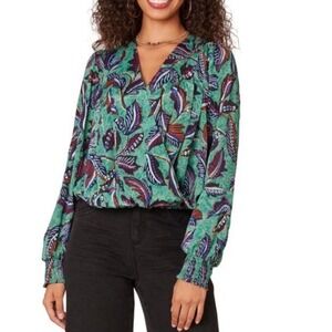 Democracy Women's Large Green Multicolor Leaf Print Long Sleeve Blouse